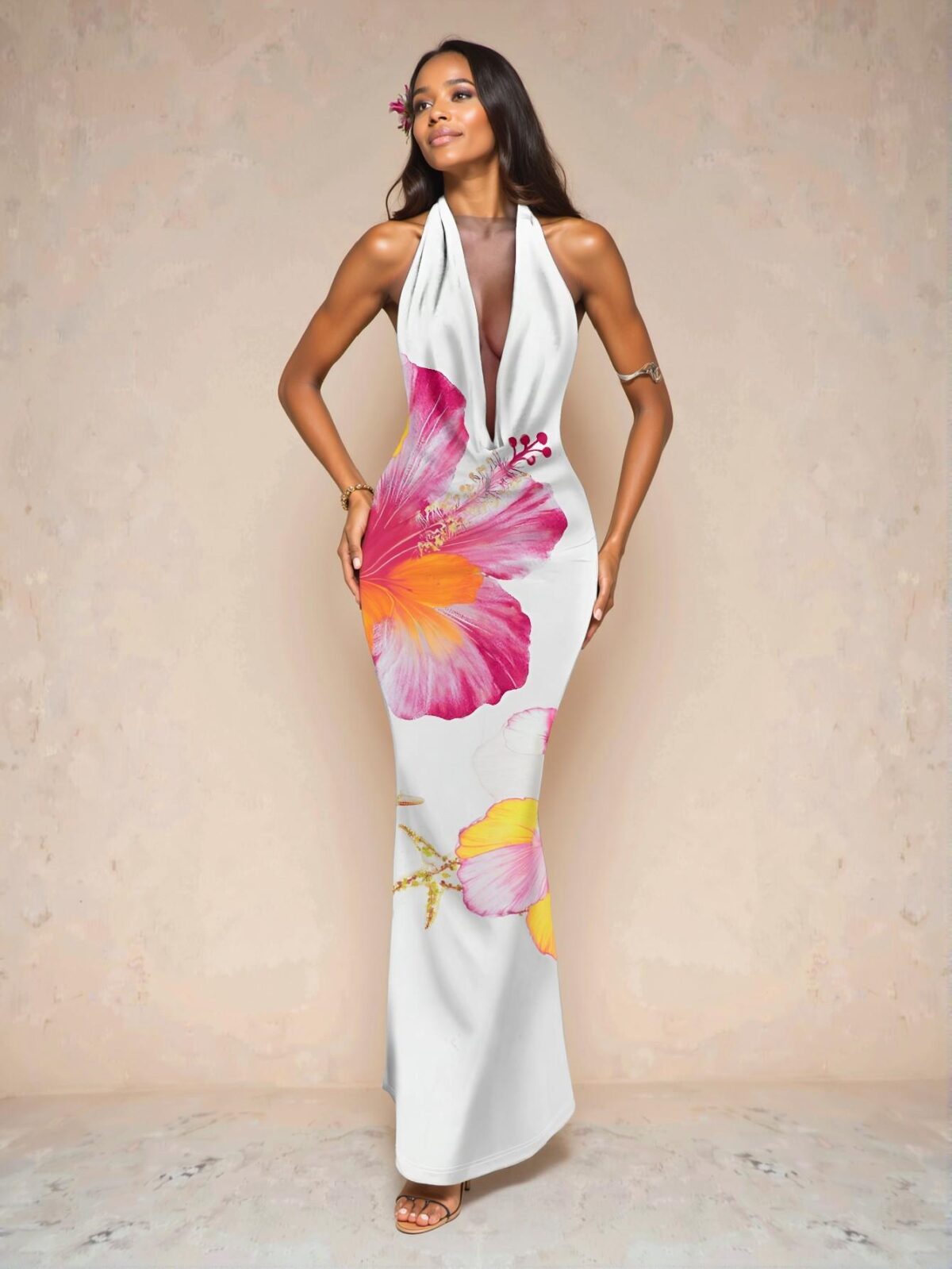 Elegant Multicolor Gorgeous Halter Bodycon Maxi Dress with Hibiscus Floral Print for Summer Festivities - Chic, Classy and Trendy Fashion Style to Dress to Impress - Image 5