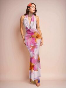 Elegant Multicolor Plunging Neckline Bodycon Maxi Dress with Tropical Floral Prints, Perfect for Vacations, Parties, and Romantic Dates This Spring and Summer – Chic, Classy and Trendy Fashion Style to Dress to Impress