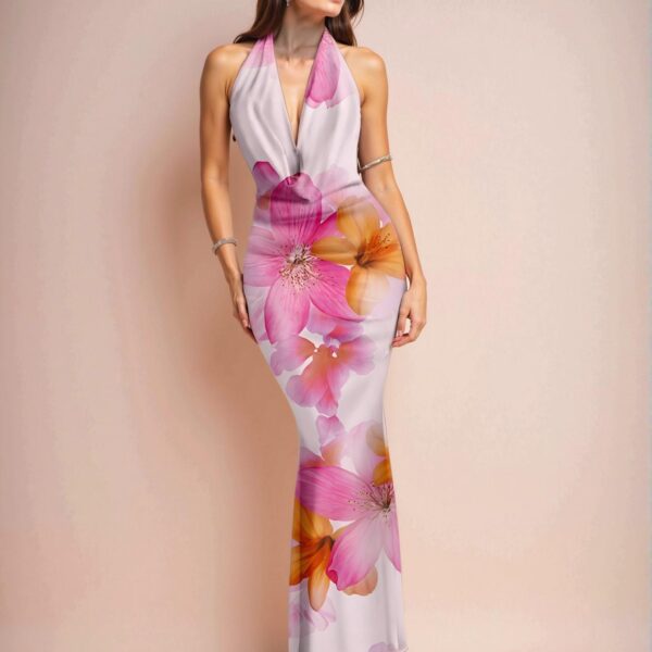 Elegant Multicolor Plunging Neckline Bodycon Maxi Dress with Tropical Floral Prints, Perfect for Vacations, Parties, and Romantic Dates This Spring and Summer – Chic, Classy and Trendy Fashion Style to Dress to Impress