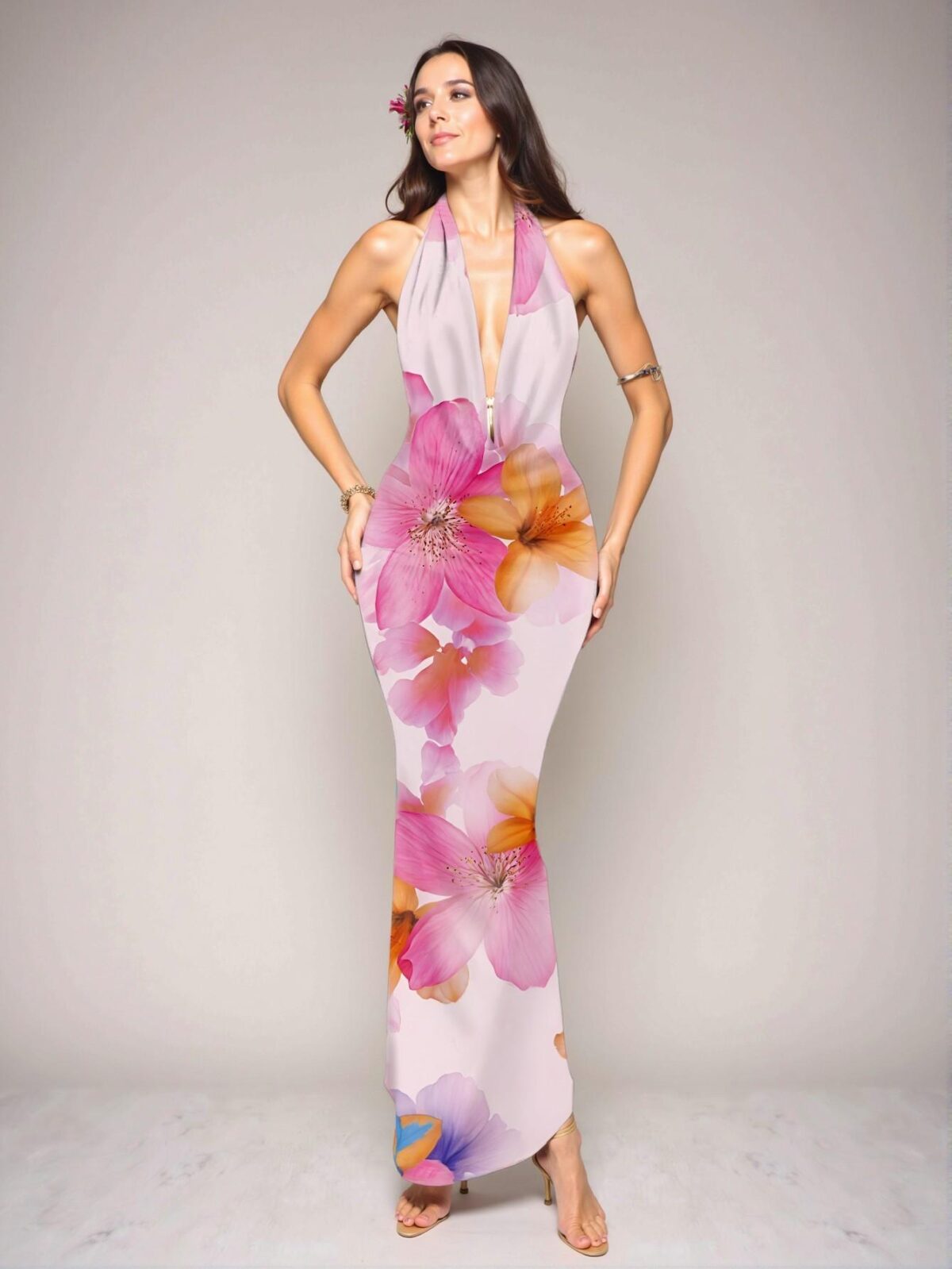 Elegant Multicolor Plunging Neckline Bodycon Maxi Dress with Tropical Floral Prints, Perfect for Vacations, Parties, and Romantic Dates This Spring and Summer – Chic, Classy and Trendy Fashion Style to Dress to Impress - Image 5