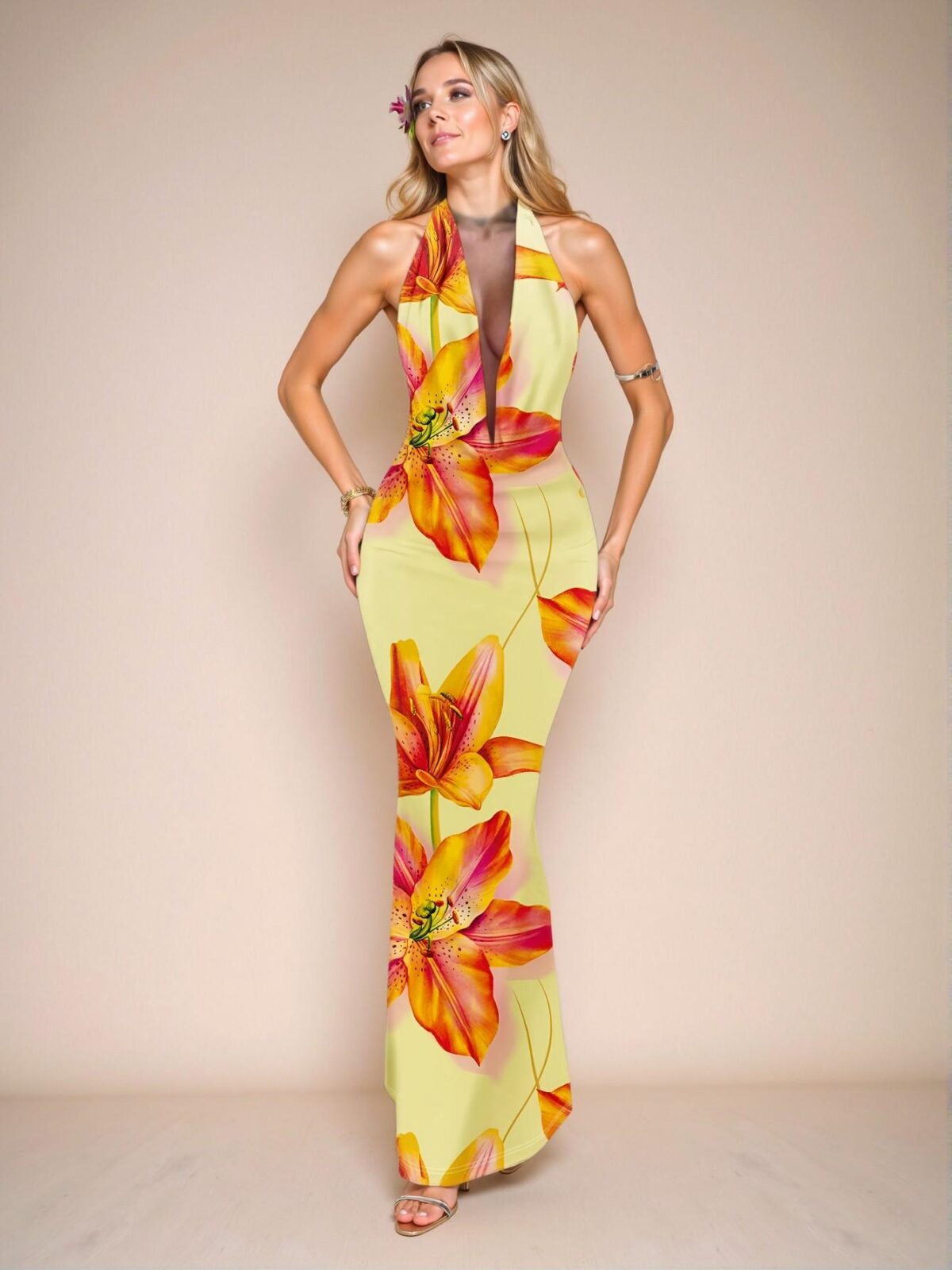 Elegant Multicolor Floral Draped Neck Long Dress for Women, Perfect for Casual Beach and Evening Events, Ideal for Summer and Spring Fashion "Chic, Classy and Trendy Fashion Style to Dress to Impress" - Image 4