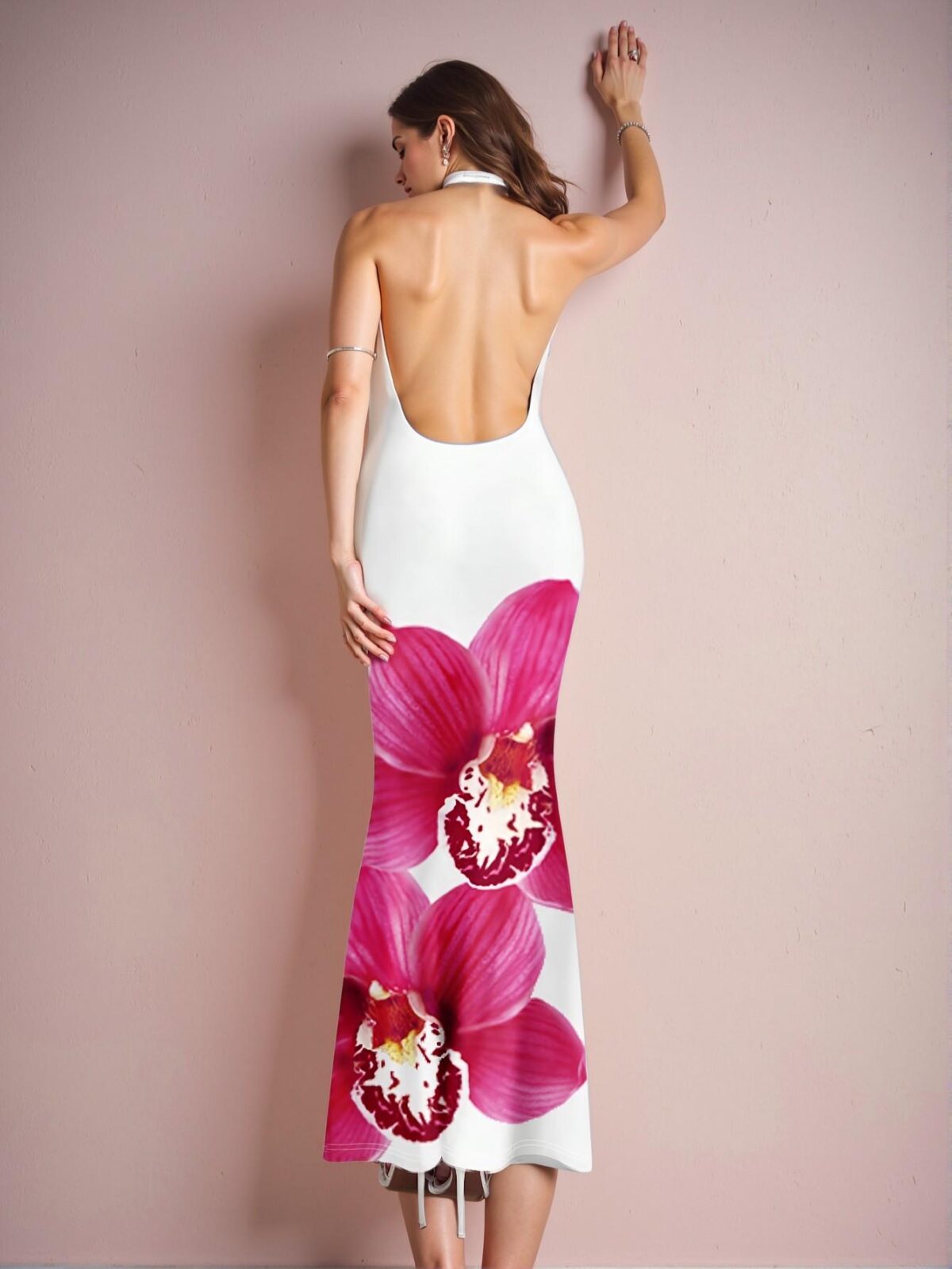 Elegant Multicolor Plunging Neck Bodycon Dress with Orchid Floral Print for Beach, Festival, and Party Occasions - Chic, Classy and Trendy Fashion Style to Dress to Impress - Image 2