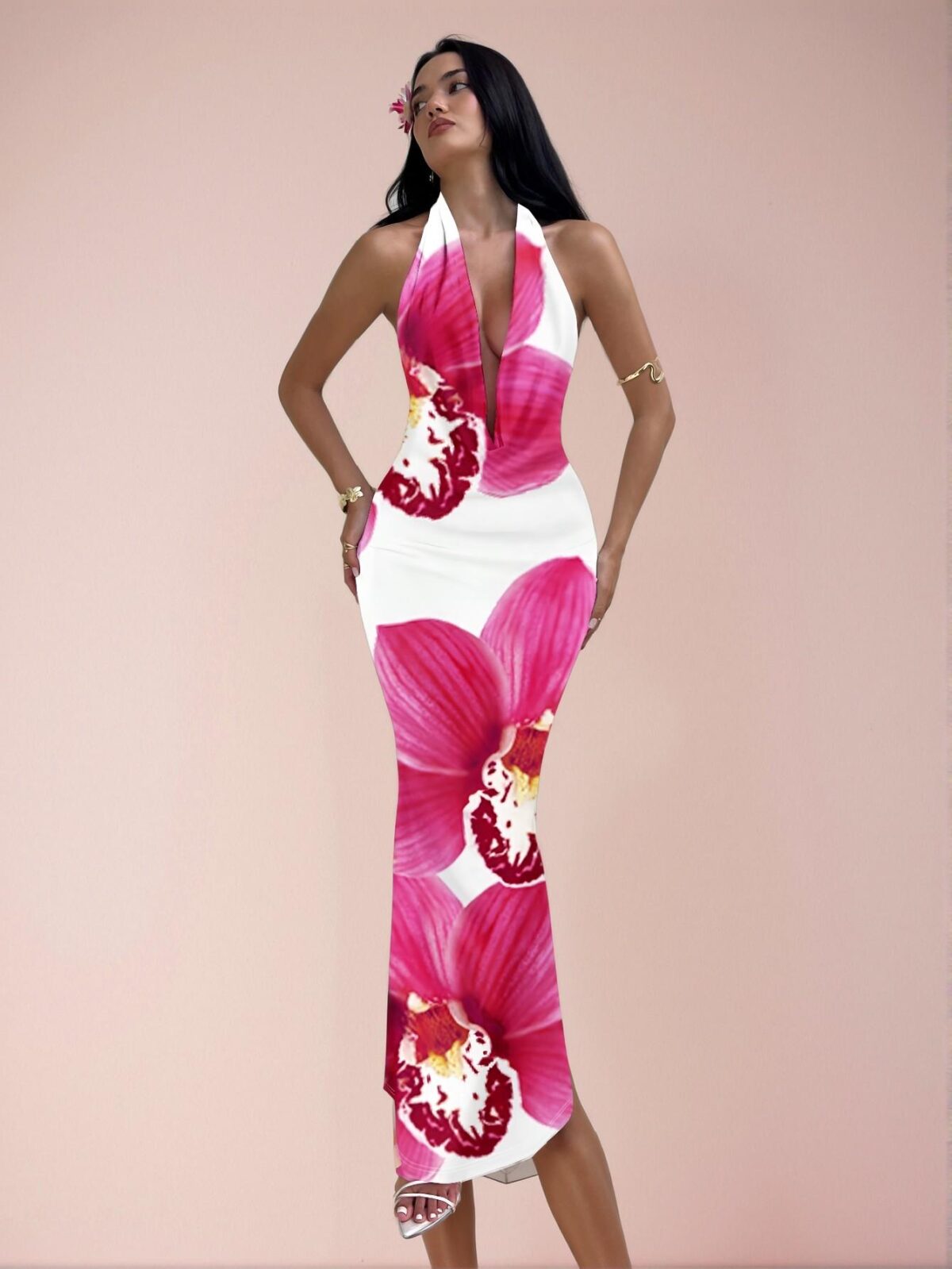 Elegant Multicolor Plunging Neck Bodycon Dress with Orchid Floral Print for Beach, Festival, and Party Occasions - Chic, Classy and Trendy Fashion Style to Dress to Impress - Image 3