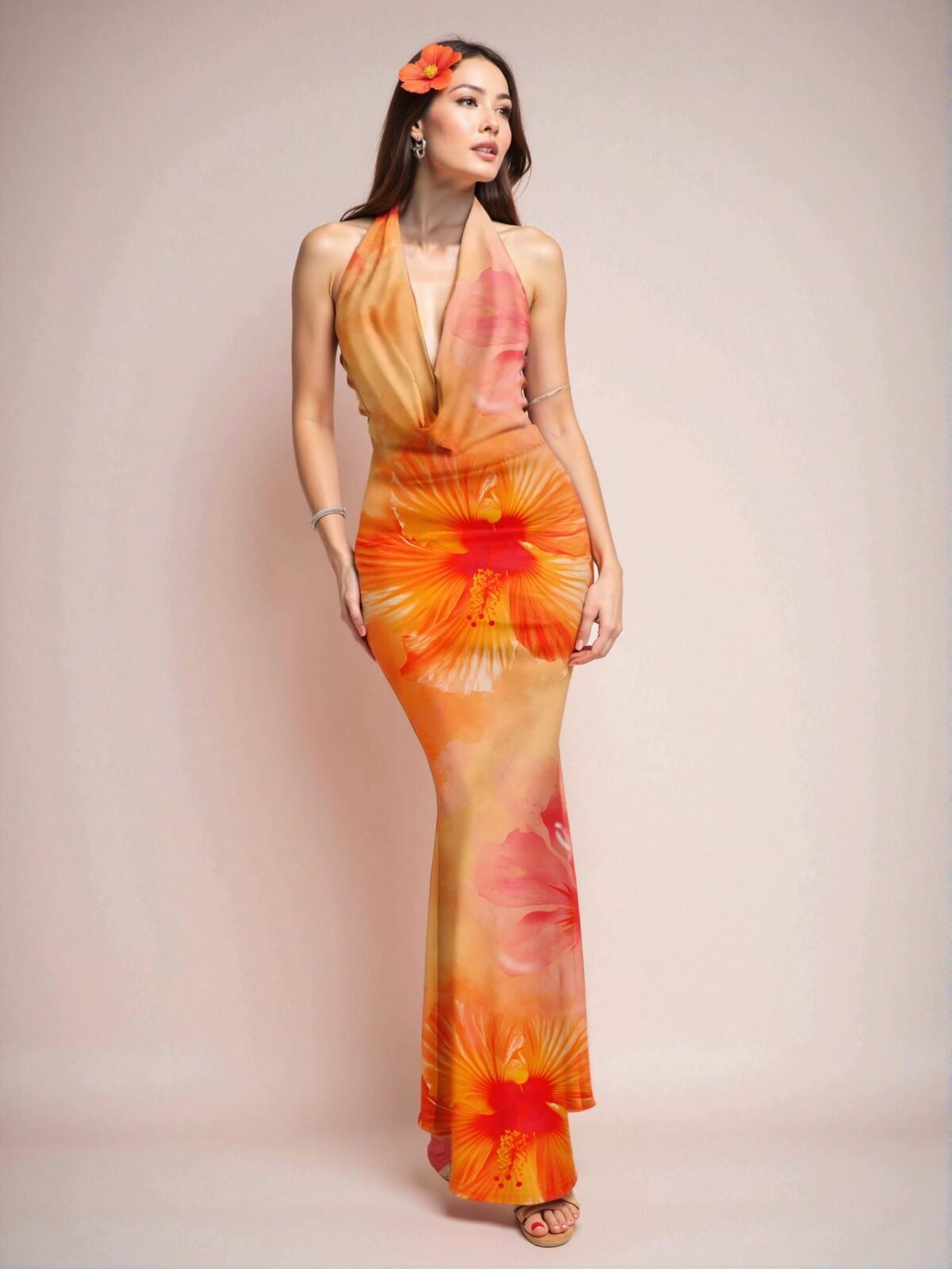Elegant Multicolor Captivating Halter Neck Long Dress with Hibiscus Print for Women - Perfect for Beach Vacations, Parties, and Resort Getaways in Spring and Summer - Chic, Classy, and Trendy Fashion Style to Dress to Impress