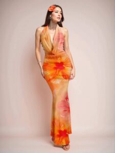 Elegant Multicolor Captivating Halter Neck Long Dress with Hibiscus Print for Women - Perfect for Beach Vacations, Parties, and Resort Getaways in Spring and Summer - Chic, Classy, and Trendy Fashion Style to Dress to Impress