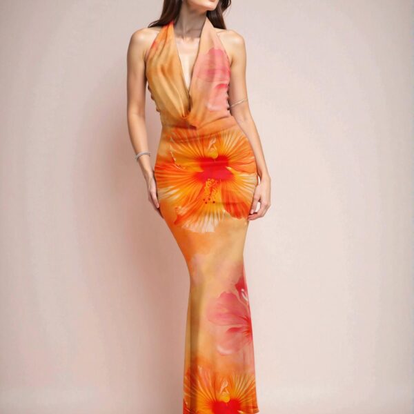 Elegant Multicolor Captivating Halter Neck Long Dress with Hibiscus Print for Women - Perfect for Beach Vacations, Parties, and Resort Getaways in Spring and Summer - Chic, Classy, and Trendy Fashion Style to Dress to Impress