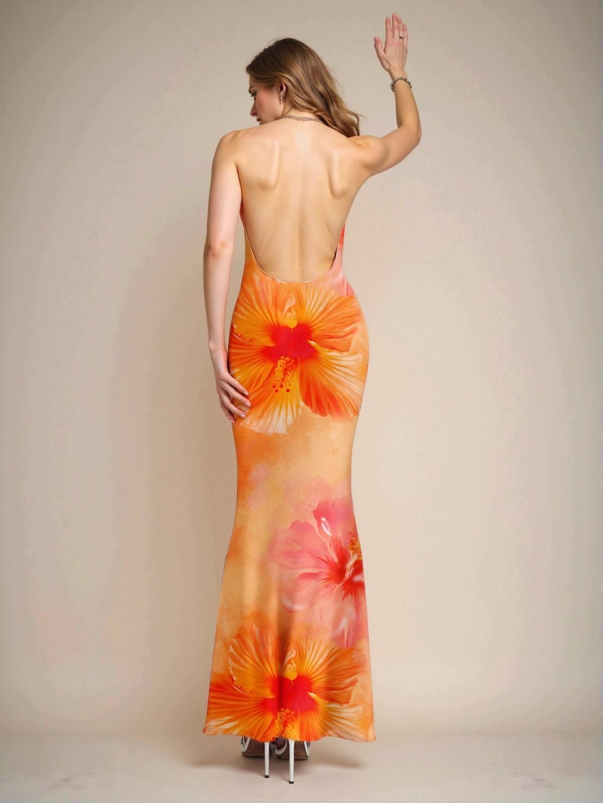 Elegant Multicolor Captivating Halter Neck Long Dress with Hibiscus Print for Women - Perfect for Beach Vacations, Parties, and Resort Getaways in Spring and Summer - Chic, Classy, and Trendy Fashion Style to Dress to Impress - Image 2