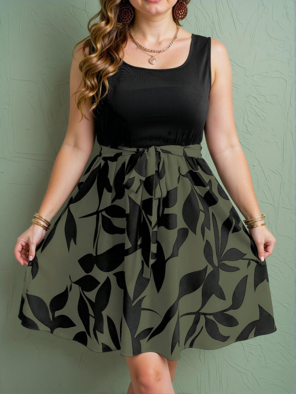 Elegant Army Green Chic Plant Print High Waist A-Line Dress for a Classy and Trendy Fashion Style to Dress to Impress