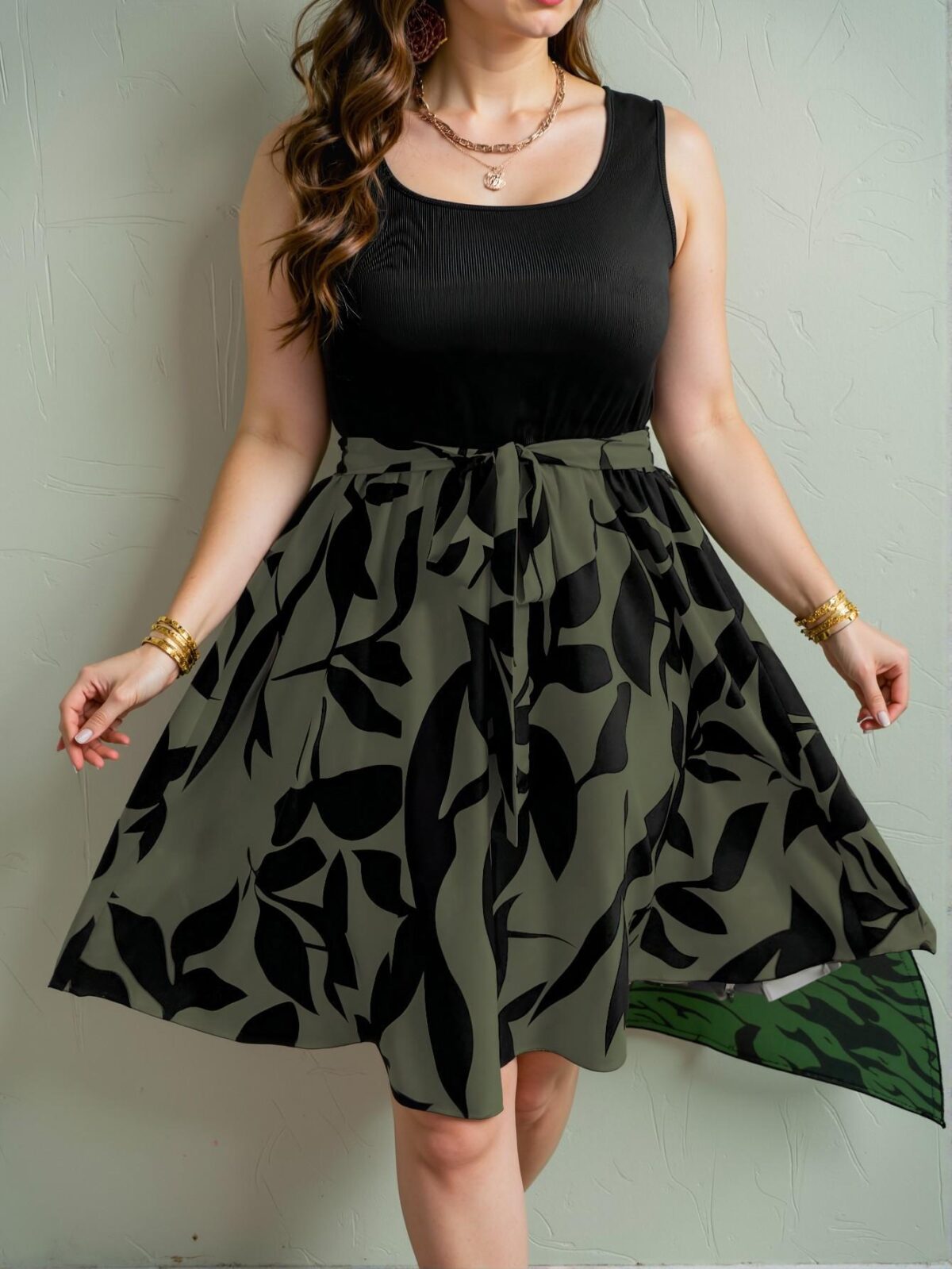 Elegant Army Green Chic Plant Print High Waist A-Line Dress for a Classy and Trendy Fashion Style to Dress to Impress - Image 5