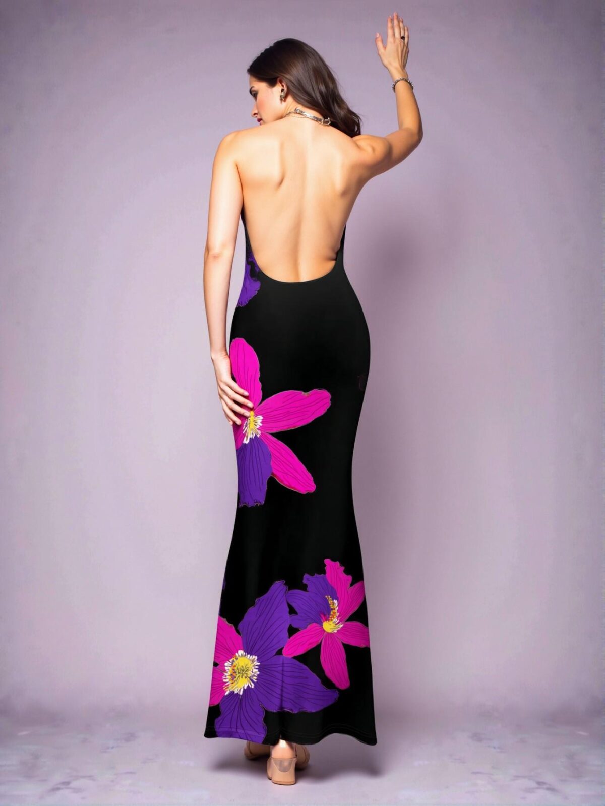 Elegant Multicolor Stunning Tropical Floral Halter Maxi Dress with Plunging Neckline Perfect for Vacations and Summer Parties - Chic, Classy and Trendy Fashion Style to Dress to Impress - Image 2