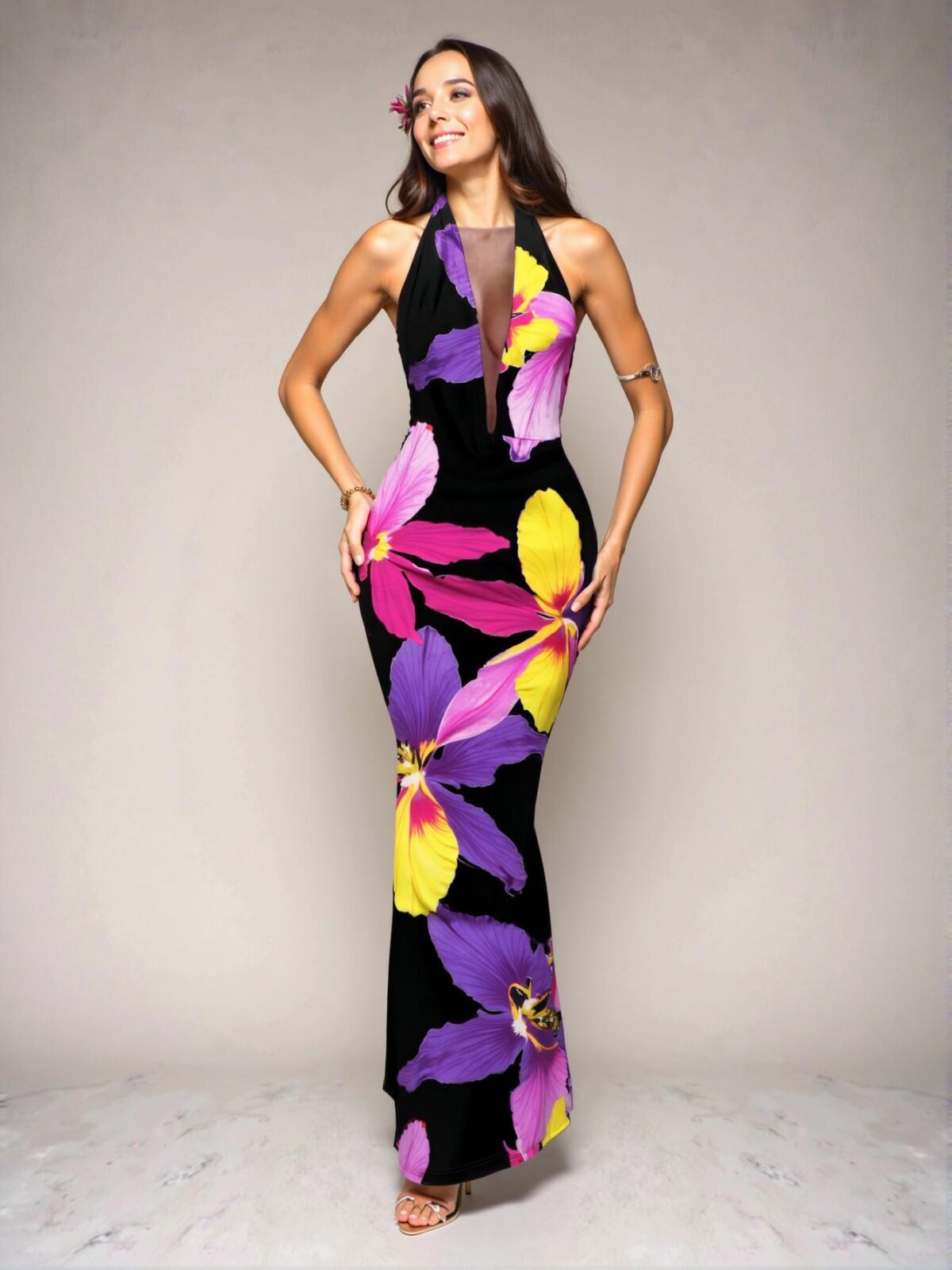 Elegant Multicolor Stunning Tropical Floral Halter Maxi Dress with Plunging Neckline Perfect for Vacations and Summer Parties - Chic, Classy and Trendy Fashion Style to Dress to Impress - Image 3
