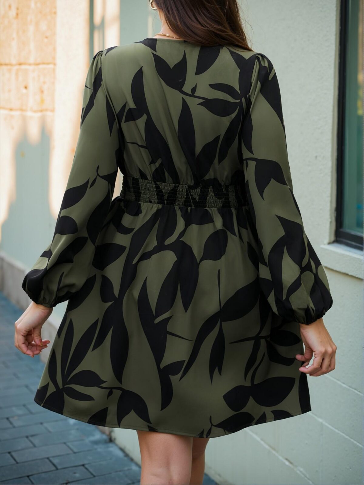 Elegant Army Green Flared A-Line Dress with Floral Waist Ruched Details for Casual Summer and Fall Occasions, Perfect for Travel and Celebrations such as Thanksgiving and St. Patrick's Day - Chic, Classy, and Trendy Fashion Style to Dress to Impress - Image 2
