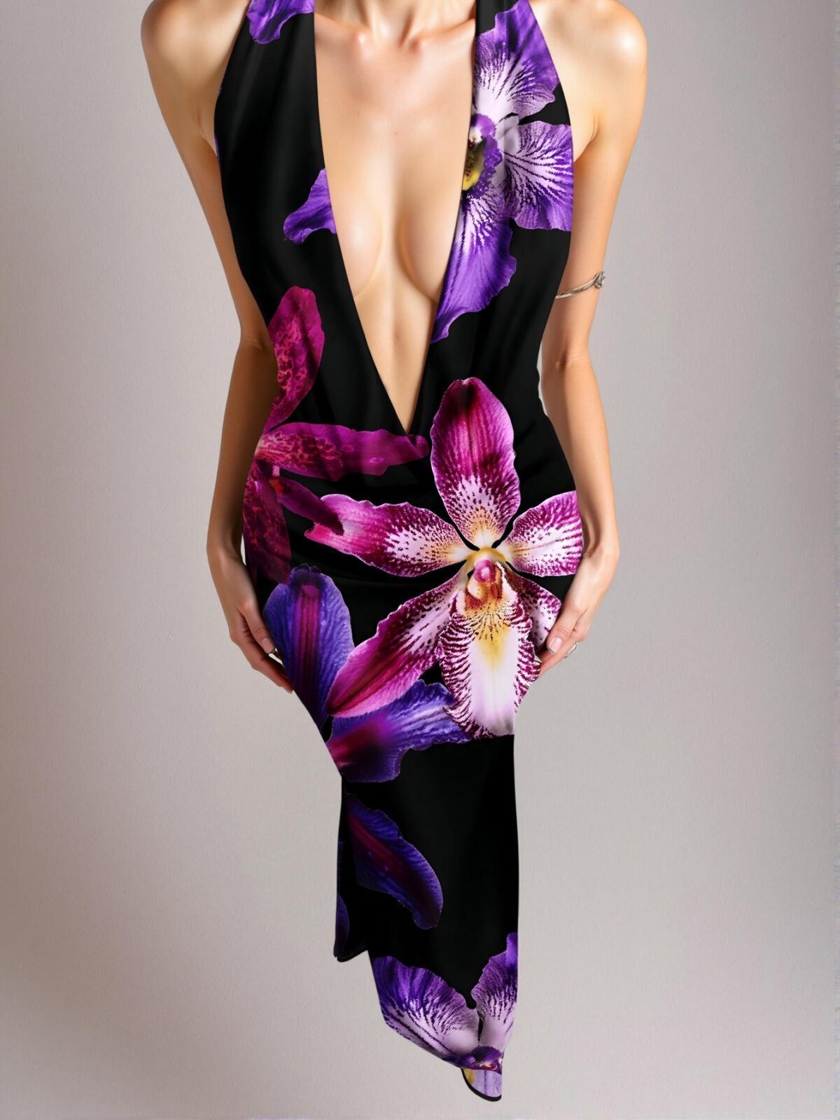 Elegant Multicolor Stunning Tropical Floral Halter Maxi Dress with Plunging Neckline Perfect for Vacations and Summer Parties - Chic, Classy and Trendy Fashion Style to Dress to Impress - Image 4