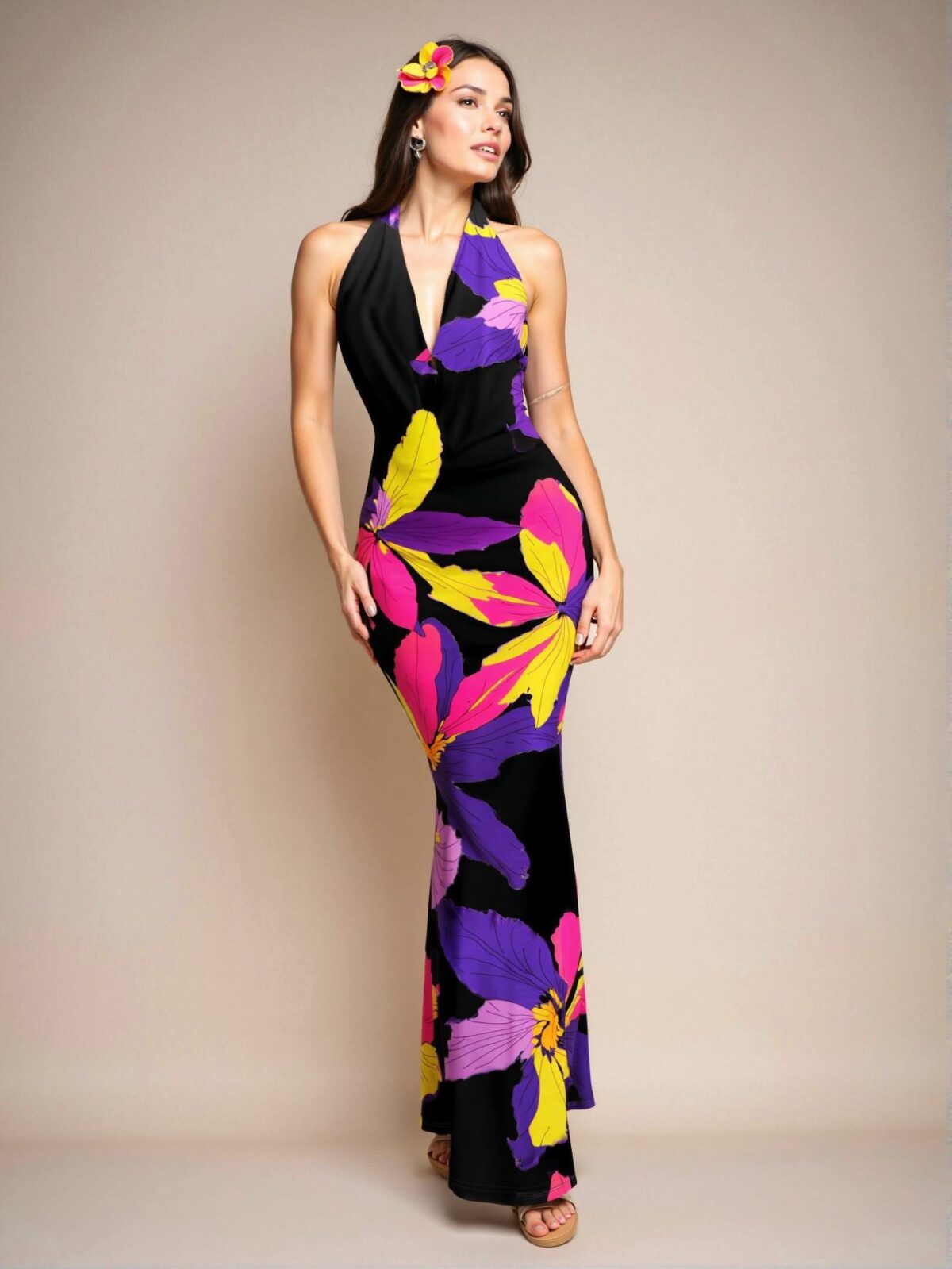 Elegant Multicolor Stunning Tropical Floral Halter Maxi Dress with Plunging Neckline Perfect for Vacations and Summer Parties - Chic, Classy and Trendy Fashion Style to Dress to Impress - Image 5