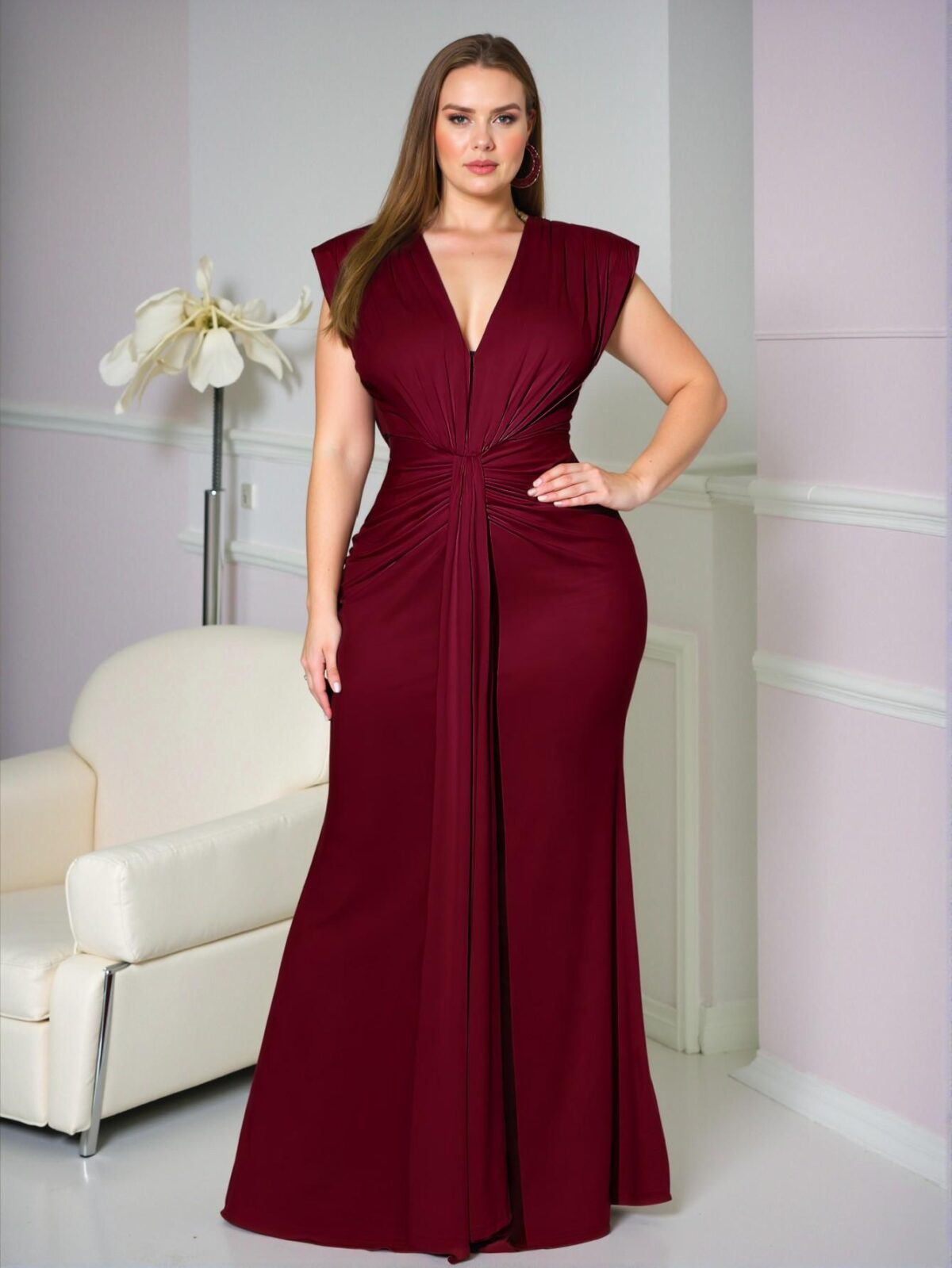 Elegant Burgundy Glamorous Ruched Fitted Maxi Dress for Spring and Summer - Chic, Classy and Trendy Fashion Style to Dress to Impress - Image 3