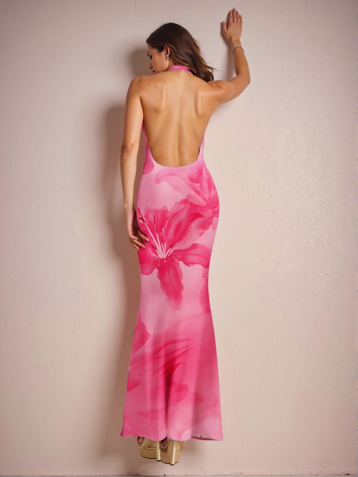Elegant Pink Bohemian V-Neck Long Floral Maxi Dress Perfect for Spring and Summer Chic, Classy and Trendy Fashion Style to Dress to Impress - Image 2