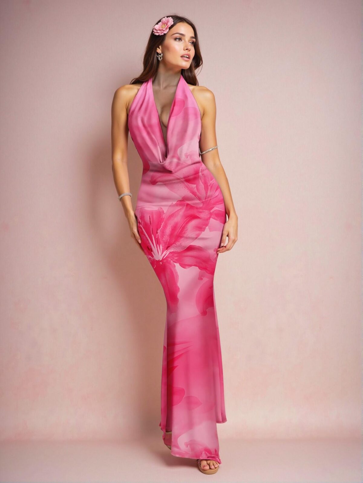 Elegant Pink Bohemian V-Neck Long Floral Maxi Dress Perfect for Spring and Summer Chic, Classy and Trendy Fashion Style to Dress to Impress - Image 3