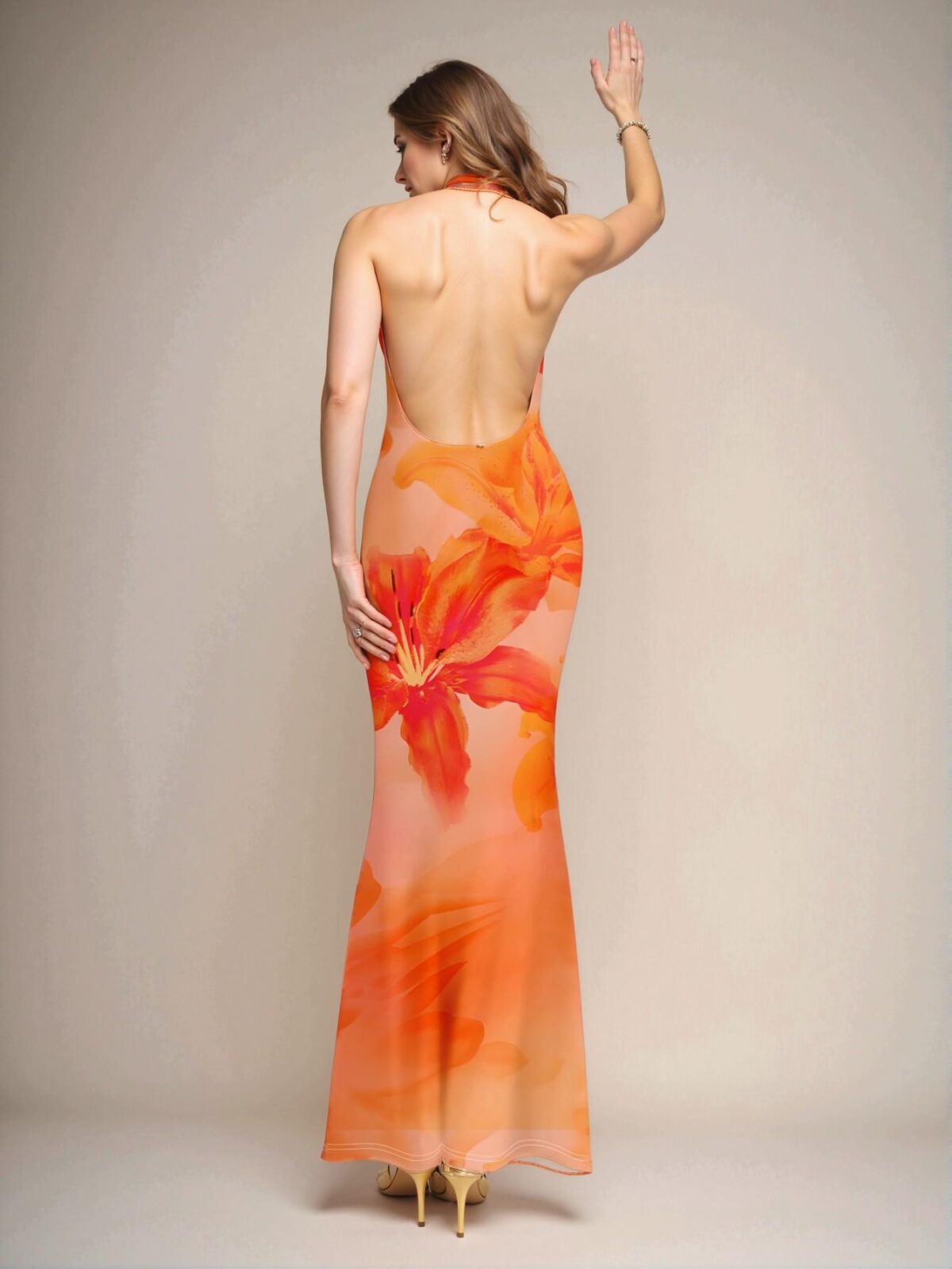 Elegant Coral Orange Floral Full Print V-Neck Casual Dress for Women Perfect for Summer and Bohemian Vibes "Chic, Classy and Trendy Fashion Style to Dress to Impress" - Image 2