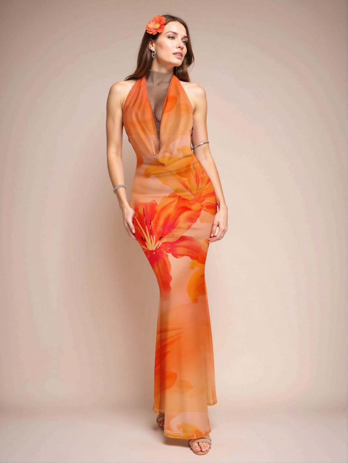 Elegant Coral Orange Floral Full Print V-Neck Casual Dress for Women Perfect for Summer and Bohemian Vibes "Chic, Classy and Trendy Fashion Style to Dress to Impress" - Image 3