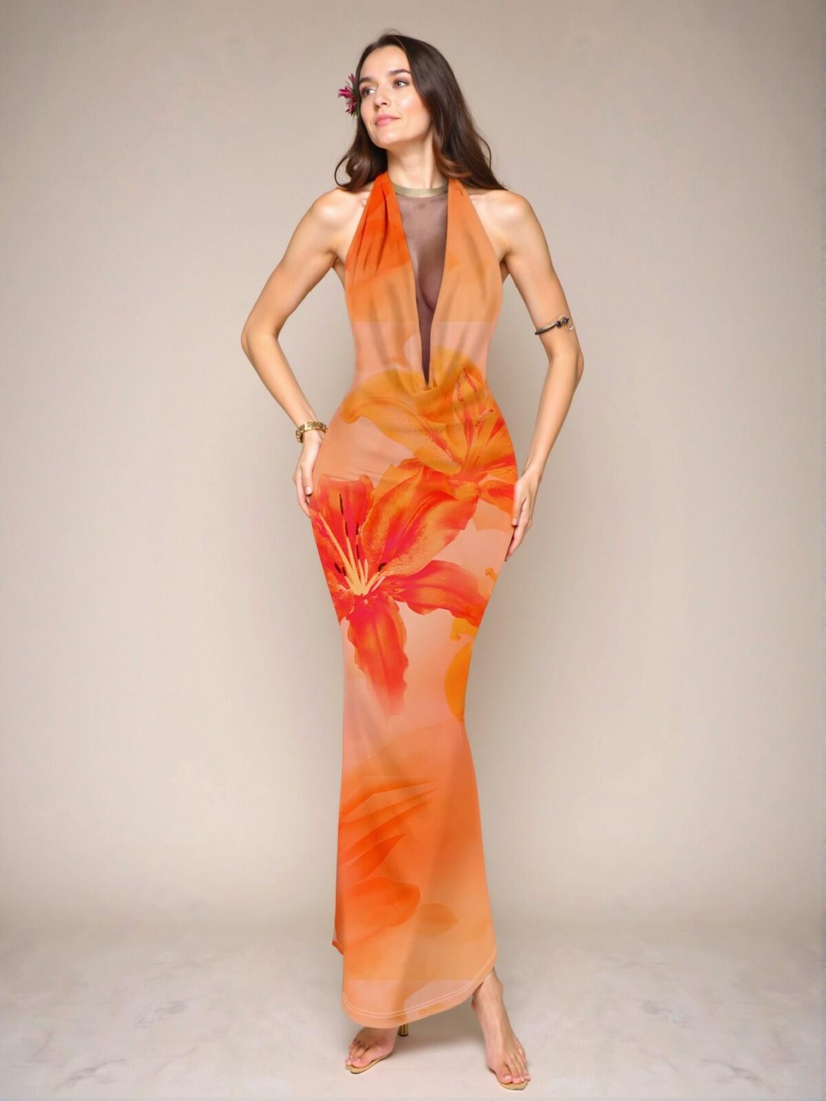 Elegant Coral Orange Floral Full Print V-Neck Casual Dress for Women Perfect for Summer and Bohemian Vibes "Chic, Classy and Trendy Fashion Style to Dress to Impress" - Image 5