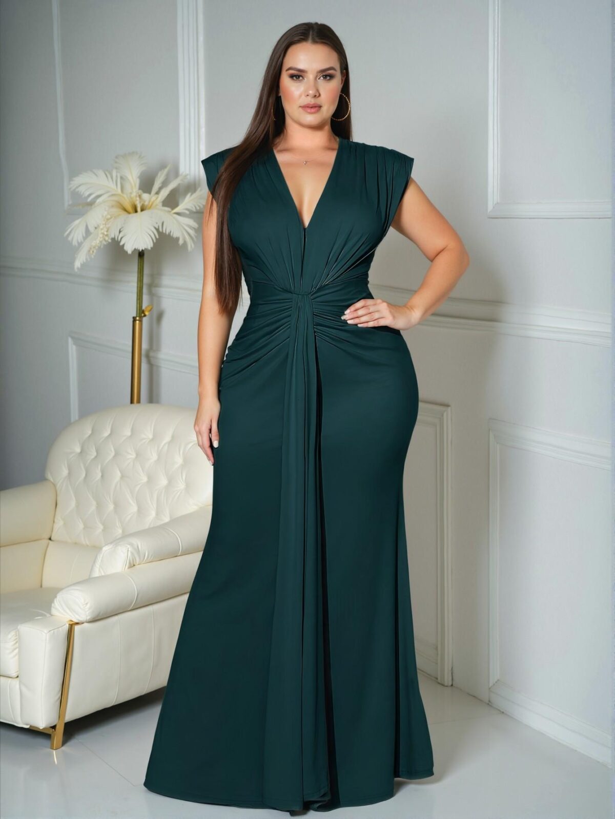 Elegant Dark Green Flattering Pleated Waist Mermaid Hem Maxi Dress for Spring and Summer Chic, Classy and Trendy Fashion Style to Dress to Impress - Image 3