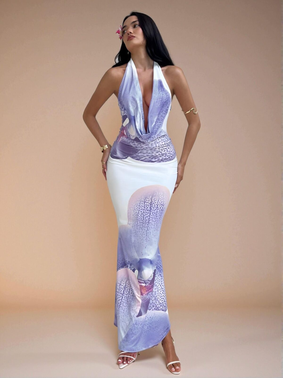 Elegant Blue and White Sensational Deep V Leopard Print Sequined Lace Fitted Halterneck Maxi Dress for Spring and Summer Chic, Classy and Trendy Fashion Style to Dress to Impress - Image 4