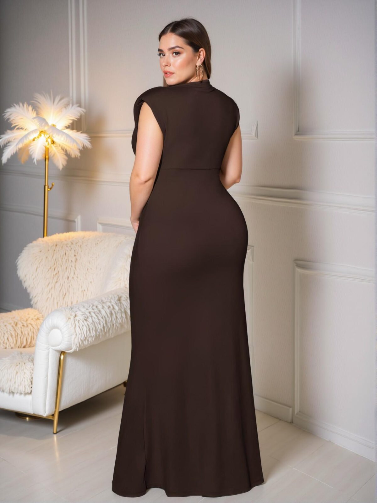 Elegant Coffee Brown Stylish Deep V-Neck Sleeveless Maxi Dress for Spring and Summer – Chic, Classy and Trendy Fashion Style to Dress to Impress - Image 2