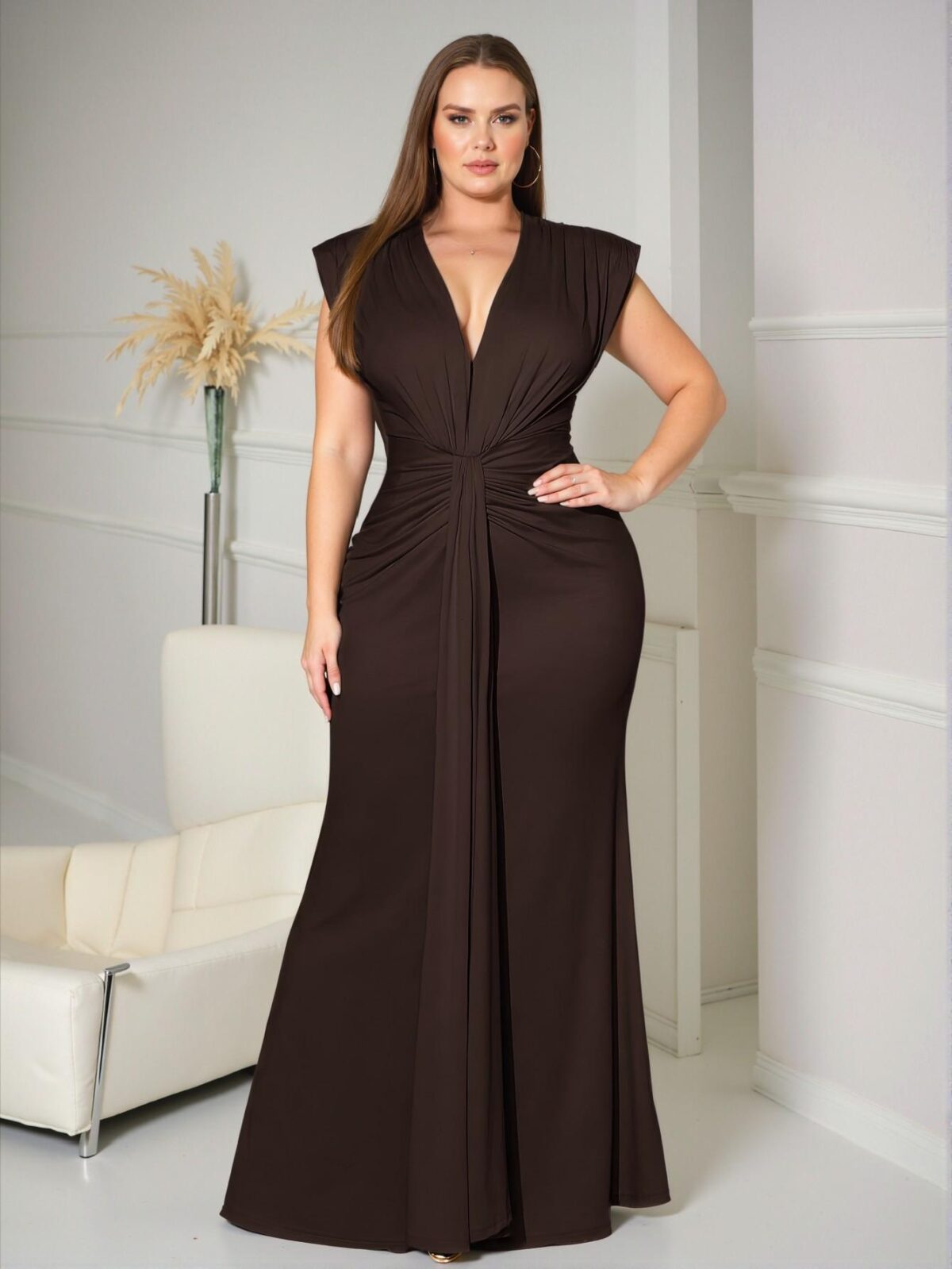 Elegant Coffee Brown Stylish Deep V-Neck Sleeveless Maxi Dress for Spring and Summer – Chic, Classy and Trendy Fashion Style to Dress to Impress - Image 3