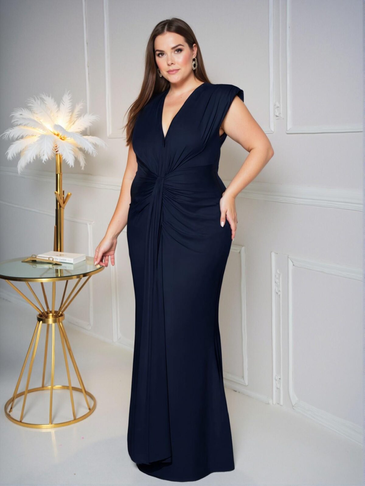 Elegant Navy Blue Stylish Fishtail Dress with Twist Waist Detail for Warm Weather Chic, Classy and Trendy Fashion Style to Dress to Impress