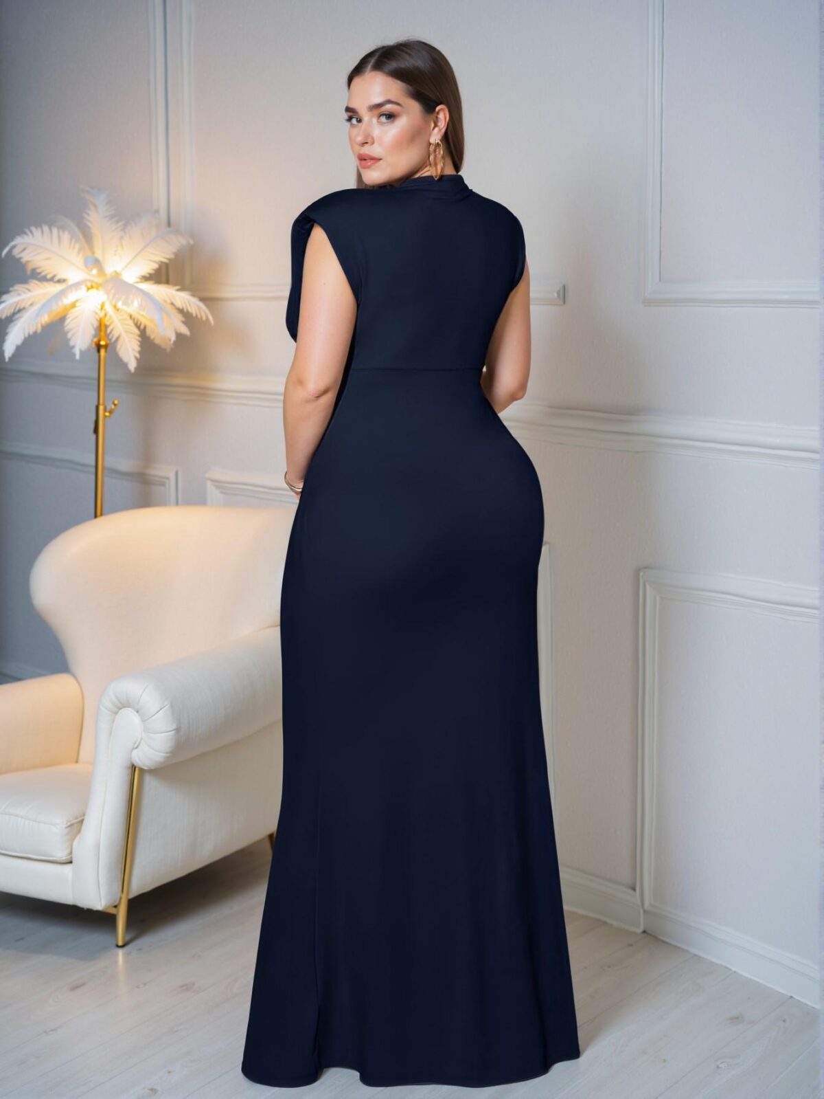 Elegant Navy Blue Stylish Fishtail Dress with Twist Waist Detail for Warm Weather Chic, Classy and Trendy Fashion Style to Dress to Impress - Image 2
