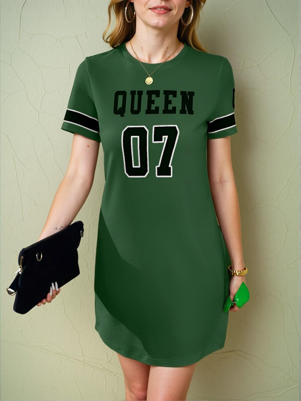 Elegant Green Sporty Casual T-Shirt Dress Featuring Luneh Summer Music Festival Pattern for Spring and Summer - Chic, Classy and Trendy Fashion Style to Dress to Impress