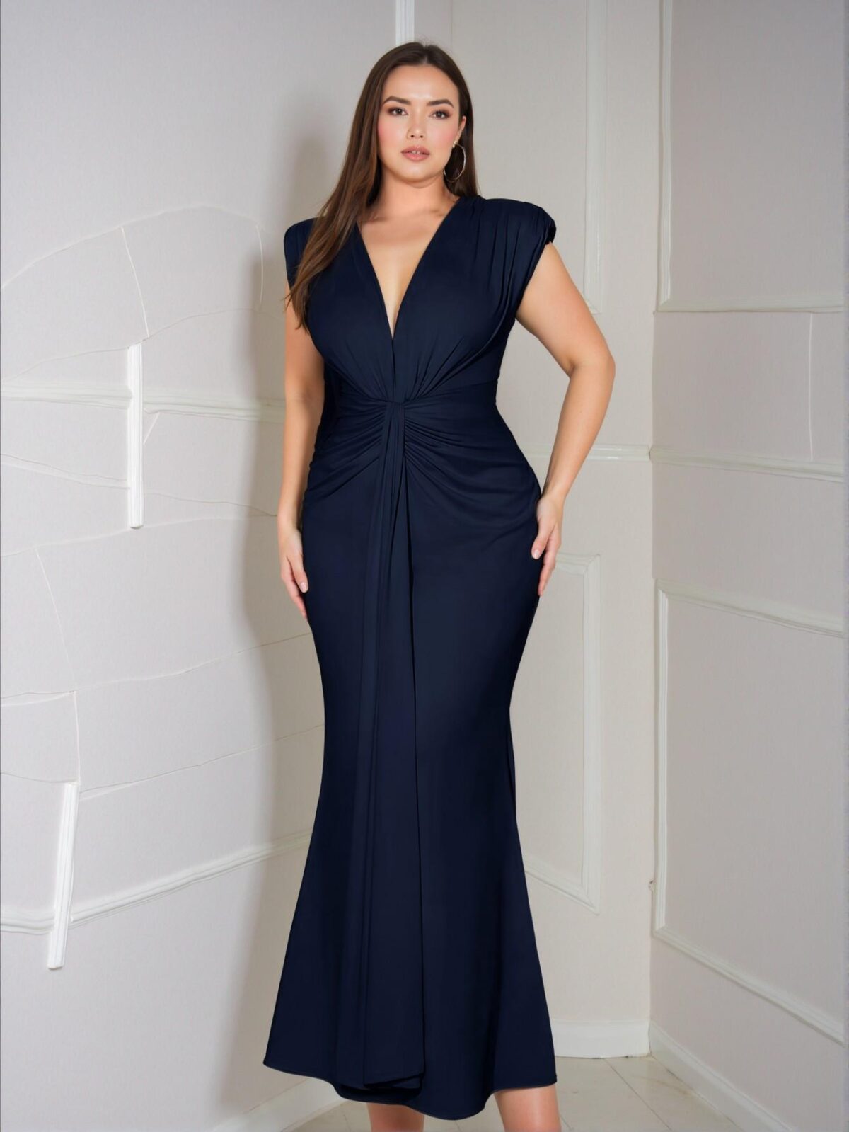Elegant Navy Blue Stylish Fishtail Dress with Twist Waist Detail for Warm Weather Chic, Classy and Trendy Fashion Style to Dress to Impress - Image 4