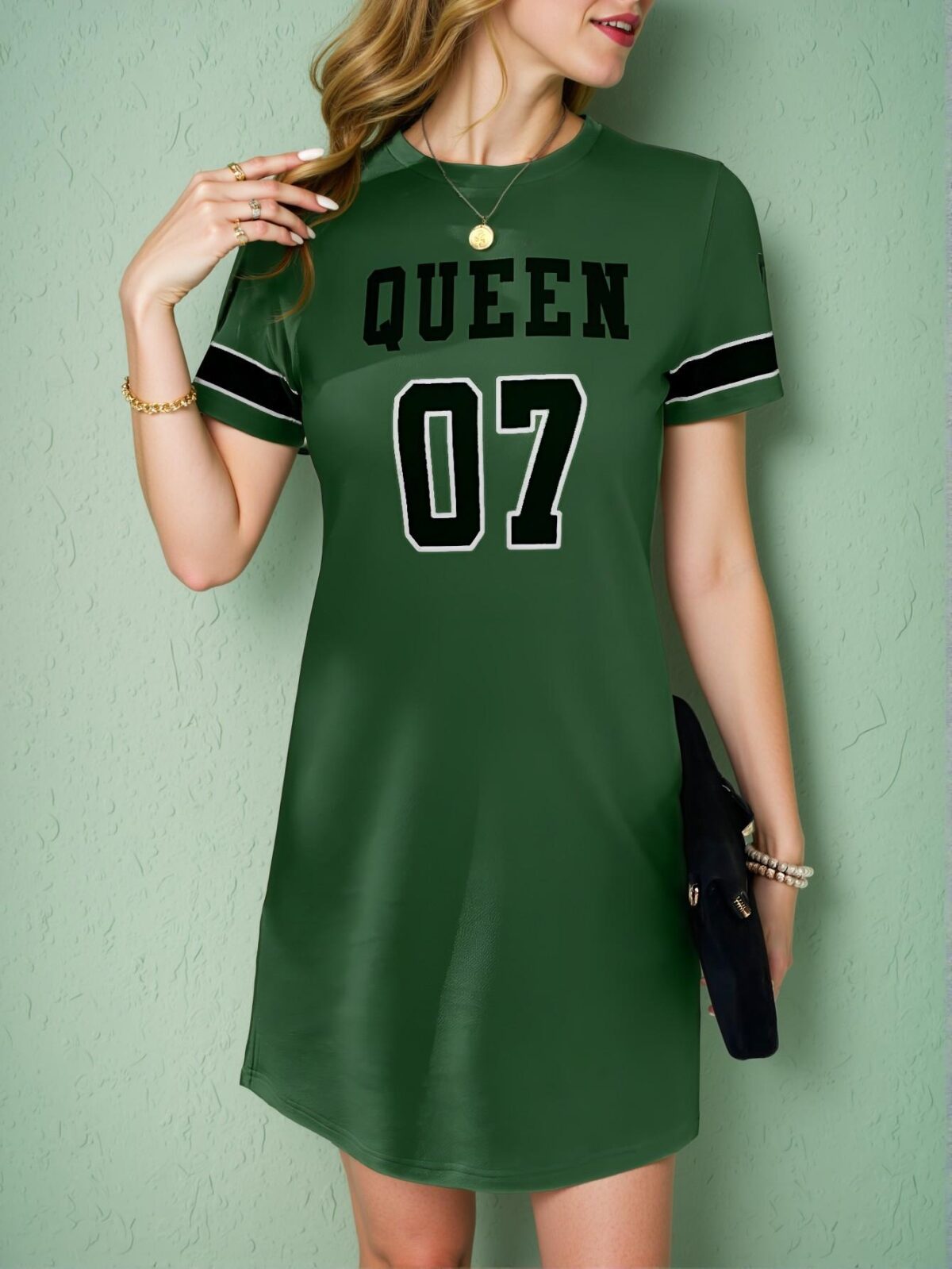 Elegant Green Sporty Casual T-Shirt Dress Featuring Luneh Summer Music Festival Pattern for Spring and Summer - Chic, Classy and Trendy Fashion Style to Dress to Impress - Image 4