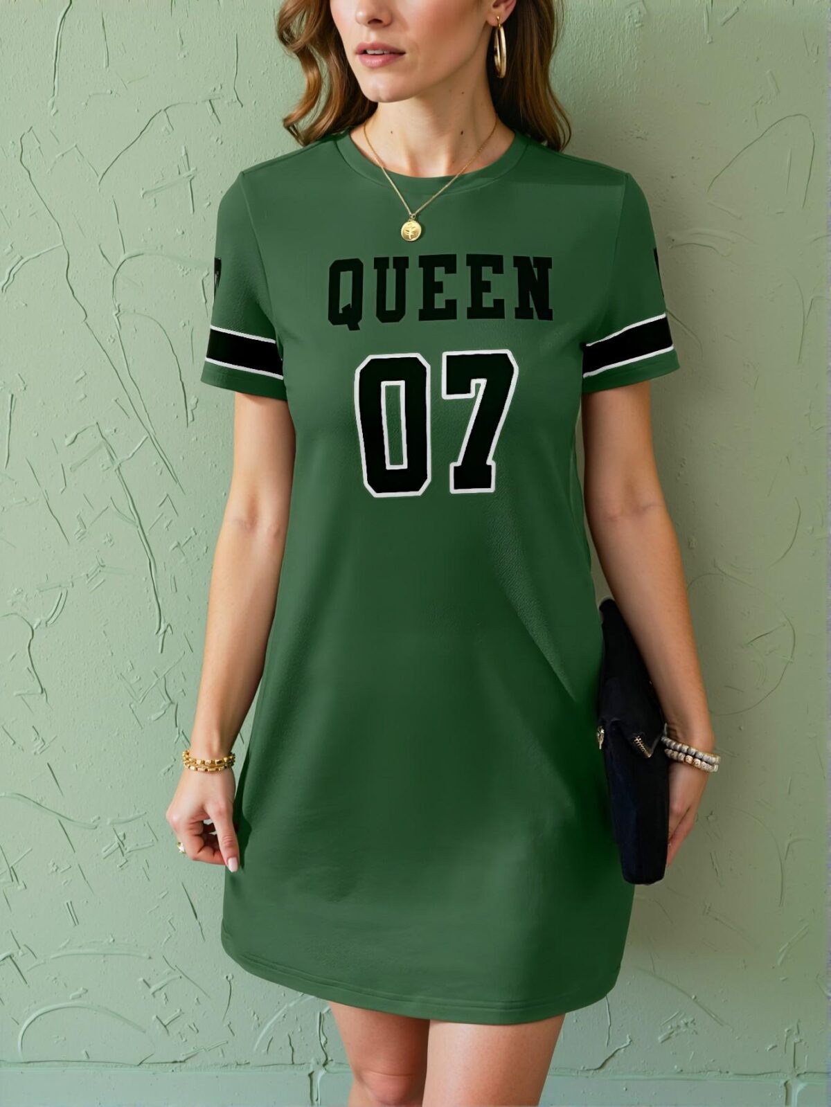 Elegant Green Sporty Casual T-Shirt Dress Featuring Luneh Summer Music Festival Pattern for Spring and Summer - Chic, Classy and Trendy Fashion Style to Dress to Impress - Image 5