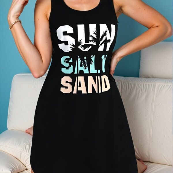 Elegant Black Casual Letter and Coconut Tree Print Camisole Nightgown Perfect for Spring and Summer Chic, Classy and Trendy Fashion Style to Dress to Impress
