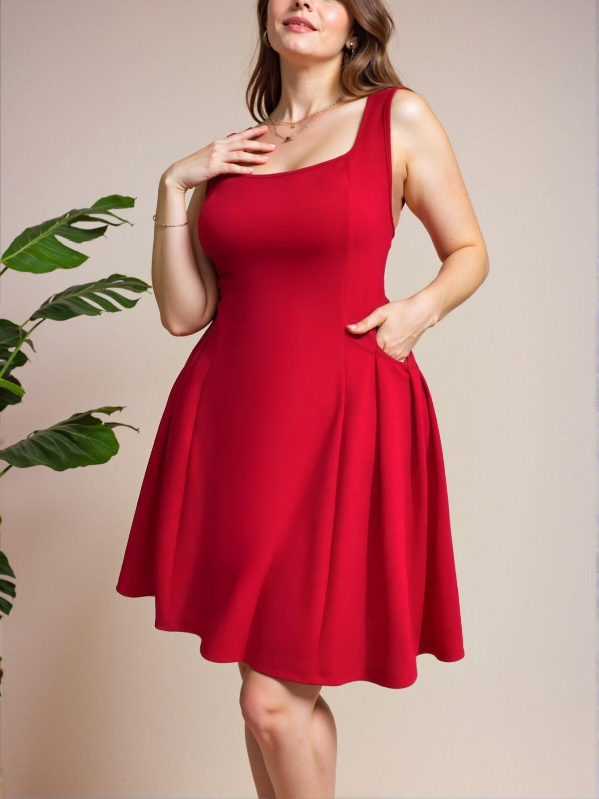 Elegant Red Casual Flared Sundress with Ruffle Hem and Pockets, Perfect for Dates, Parties, and Weddings – Chic, Classy and Trendy Fashion Style to Dress to Impress - Image 4