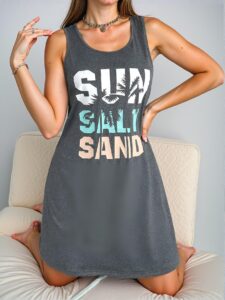 Elegant Grey Casual Sleeveless Tank Nightgown with Coconut Tree Silhouette Design for Spring and Summer - Chic, Classy and Trendy Fashion Style to Dress to Impress
