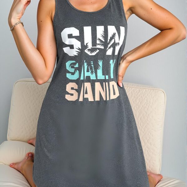 Elegant Grey Casual Sleeveless Tank Nightgown with Coconut Tree Silhouette Design for Spring and Summer - Chic, Classy and Trendy Fashion Style to Dress to Impress