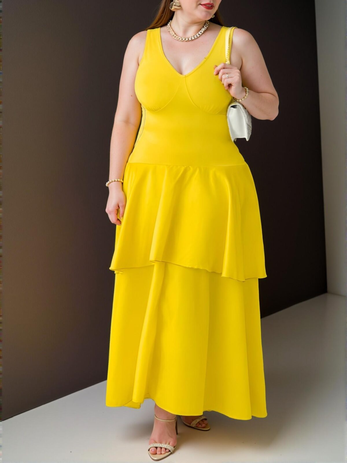 Elegant Yellow Sexy Fitted Deep V Lace Patchwork Multilayer Satin Hem Plus Size Dress for Spring and Summer - Chic, Classy and Trendy Fashion Style to Dress to Impress