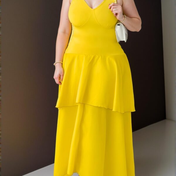 Elegant Yellow Sexy Fitted Deep V Lace Patchwork Multilayer Satin Hem Plus Size Dress for Spring and Summer - Chic, Classy and Trendy Fashion Style to Dress to Impress