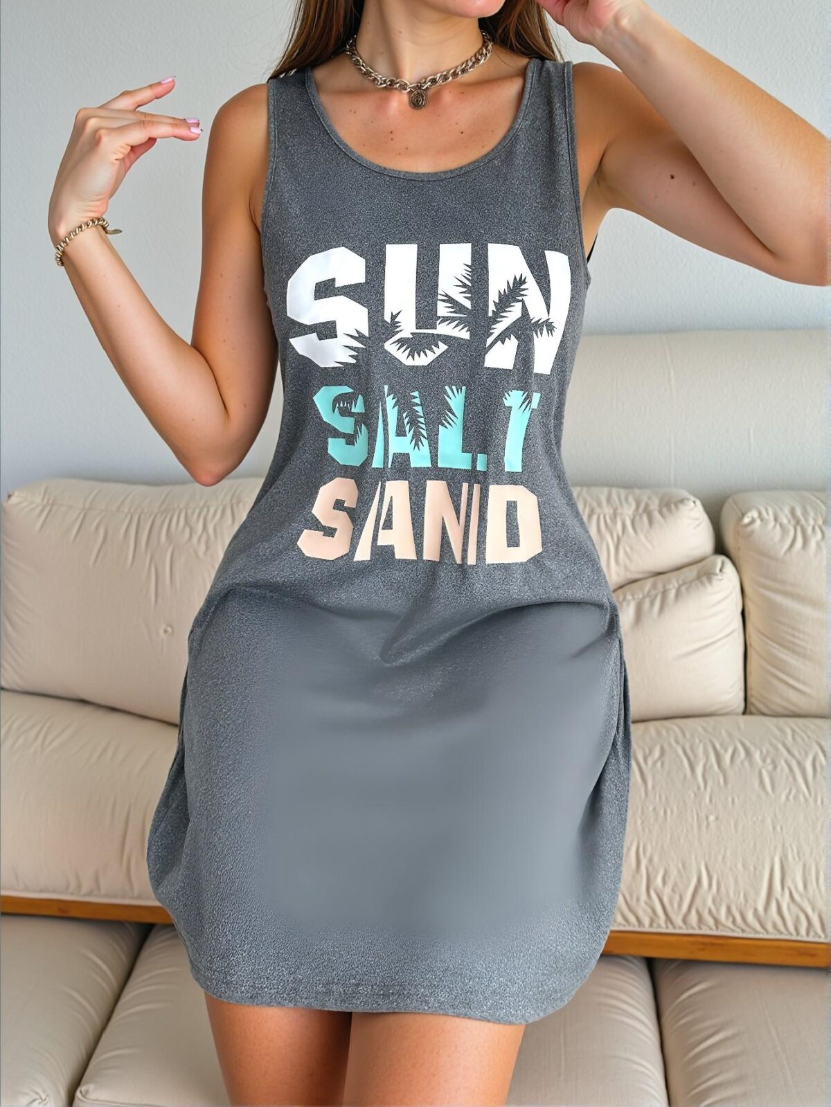 Elegant Grey Casual Sleeveless Tank Nightgown with Coconut Tree Silhouette Design for Spring and Summer - Chic, Classy and Trendy Fashion Style to Dress to Impress - Image 4
