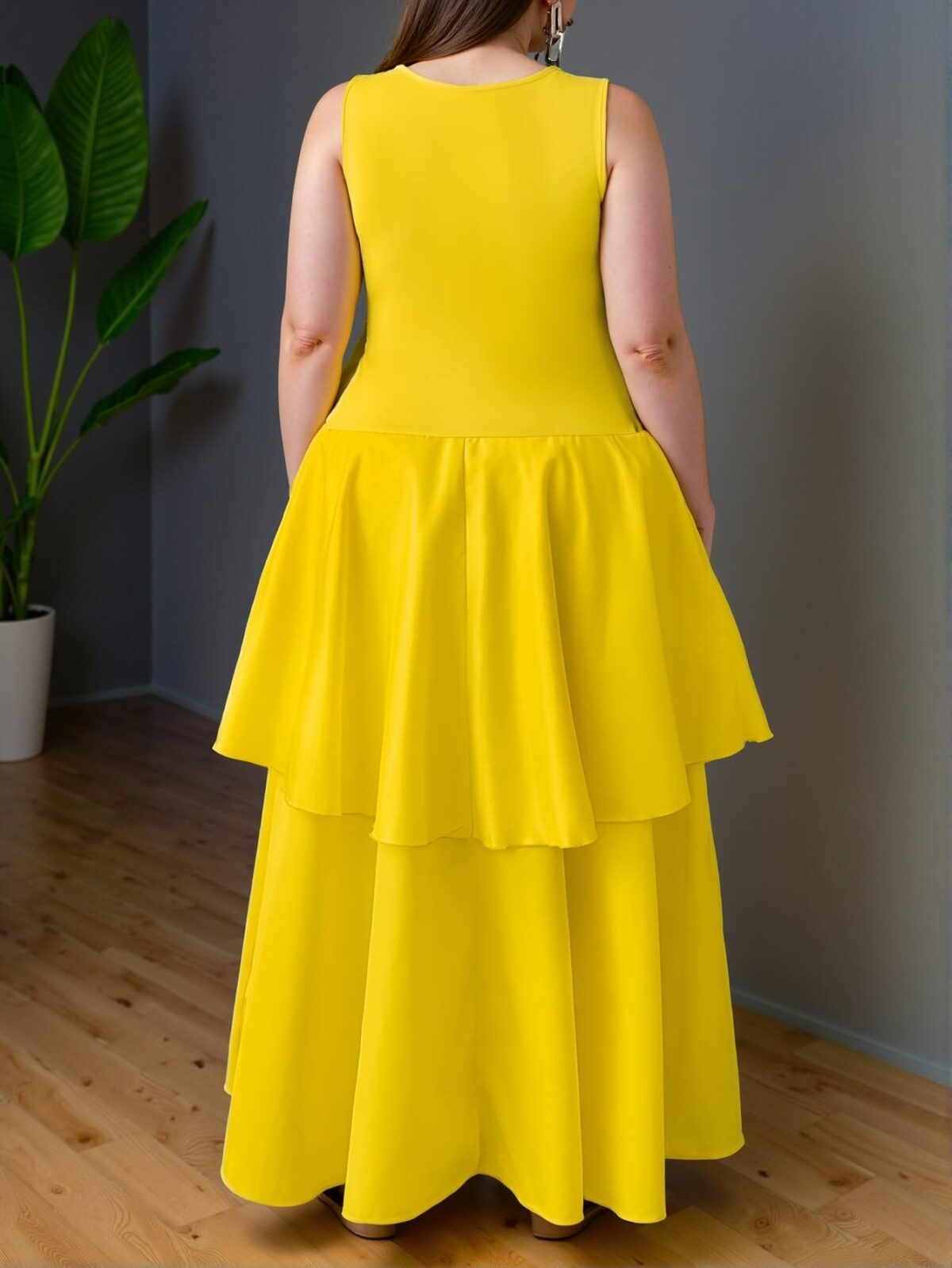 Elegant Yellow Sexy Fitted Deep V Lace Patchwork Multilayer Satin Hem Plus Size Dress for Spring and Summer - Chic, Classy and Trendy Fashion Style to Dress to Impress - Image 2
