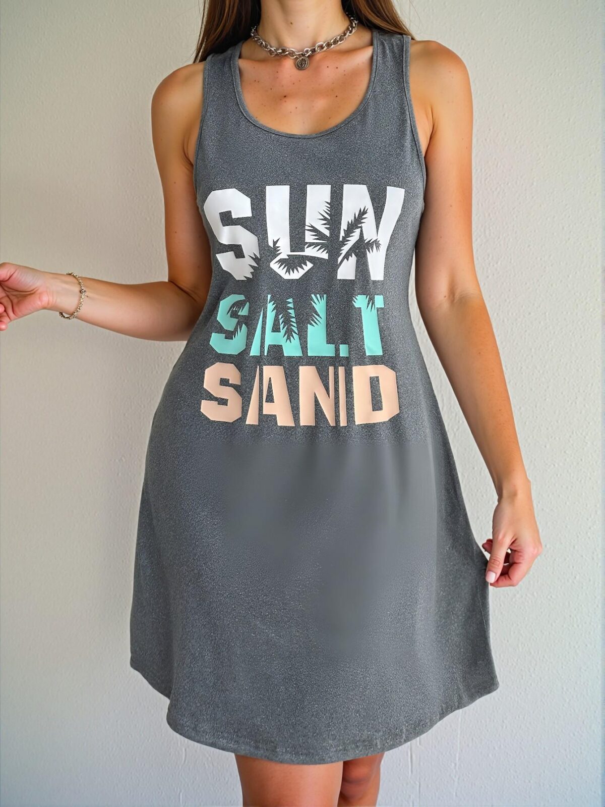 Elegant Grey Casual Sleeveless Tank Nightgown with Coconut Tree Silhouette Design for Spring and Summer - Chic, Classy and Trendy Fashion Style to Dress to Impress - Image 5