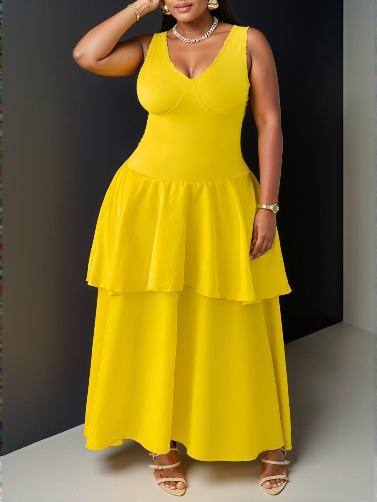 Elegant Yellow Sexy Fitted Deep V Lace Patchwork Multilayer Satin Hem Plus Size Dress for Spring and Summer - Chic, Classy and Trendy Fashion Style to Dress to Impress - Image 3