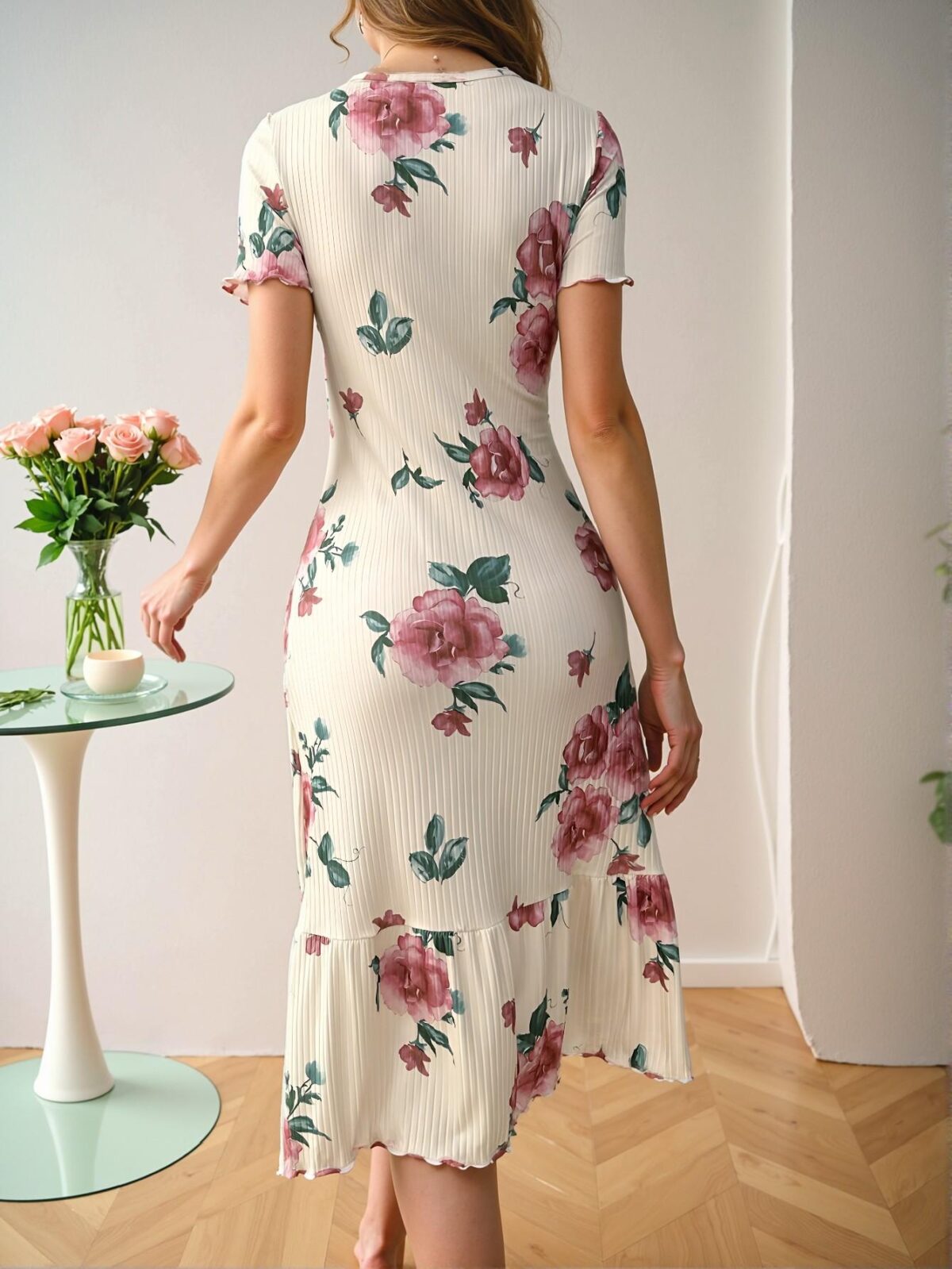 Elegant Multicolor Ruffled Floral Print Short Sleeve Nightgown, Minimalist and Stylish for Everyday Spring and Summer Looks, Chic, Classy and Trendy Fashion Style to Dress to Impress - Image 2
