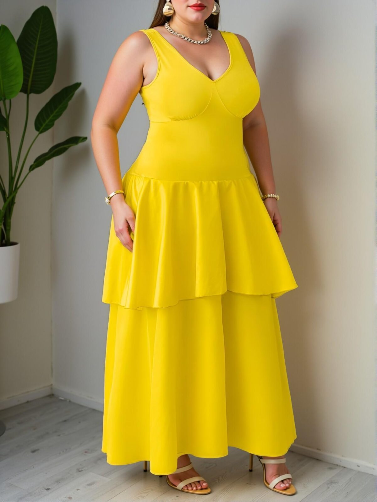 Elegant Yellow Sexy Fitted Deep V Lace Patchwork Multilayer Satin Hem Plus Size Dress for Spring and Summer - Chic, Classy and Trendy Fashion Style to Dress to Impress - Image 4