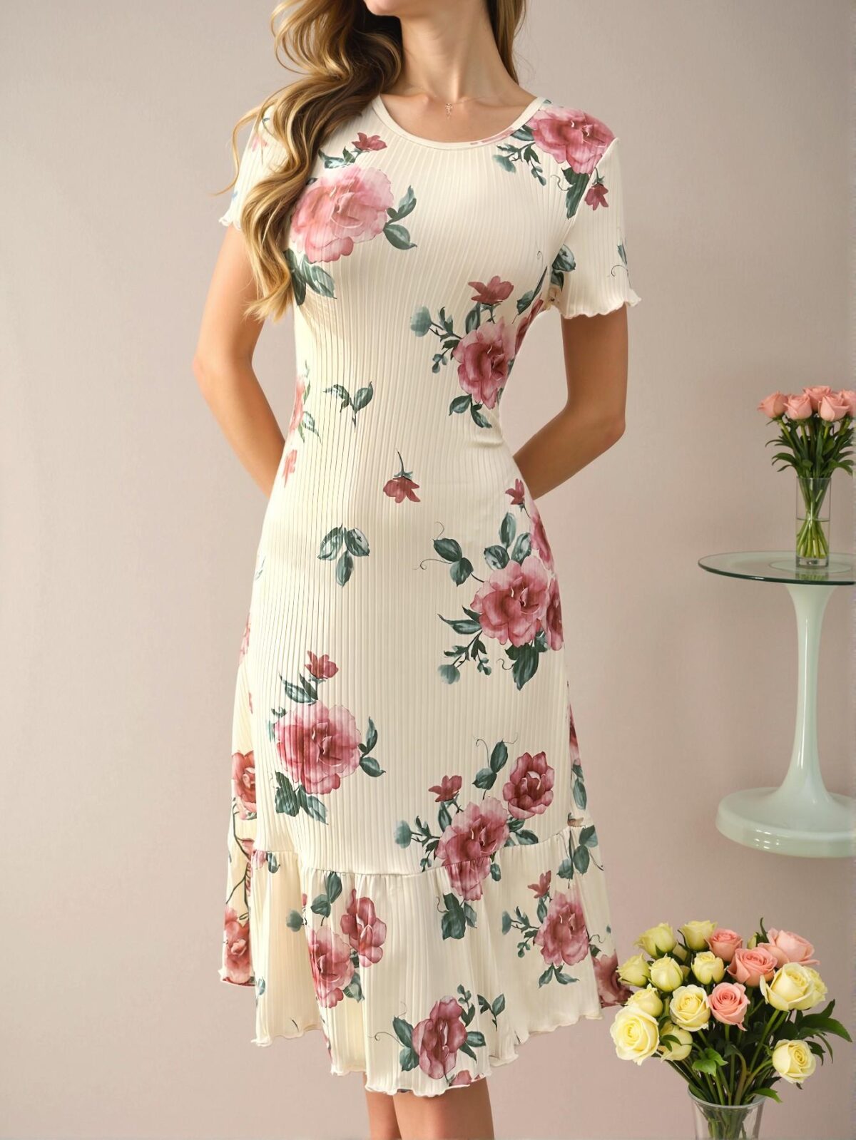 Elegant Multicolor Ruffled Floral Print Short Sleeve Nightgown, Minimalist and Stylish for Everyday Spring and Summer Looks, Chic, Classy and Trendy Fashion Style to Dress to Impress - Image 3