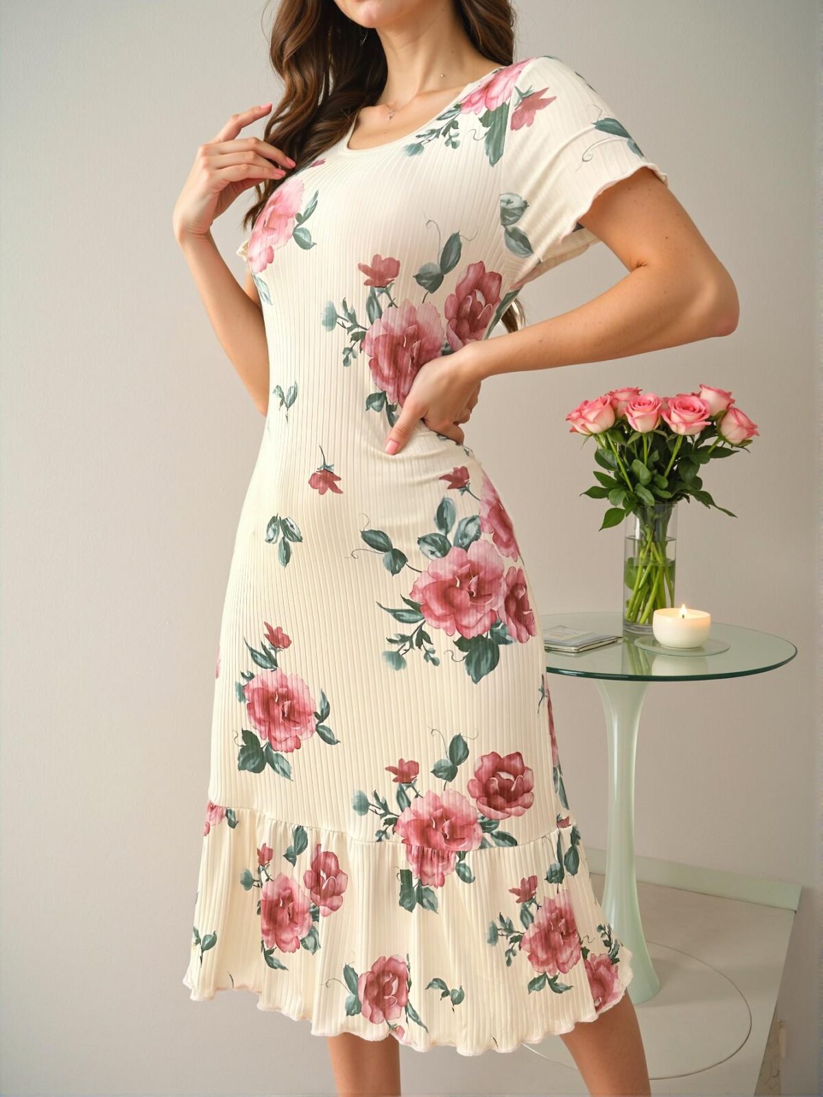 Elegant Multicolor Ruffled Floral Print Short Sleeve Nightgown, Minimalist and Stylish for Everyday Spring and Summer Looks, Chic, Classy and Trendy Fashion Style to Dress to Impress - Image 5