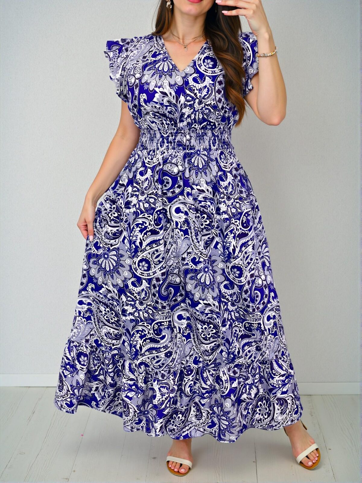 Elegant Blue Boho Paisley Print Maxi Dress for Vacation and Spring Festivals, Chic, Classy and Trendy Fashion Style to Dress to Impress