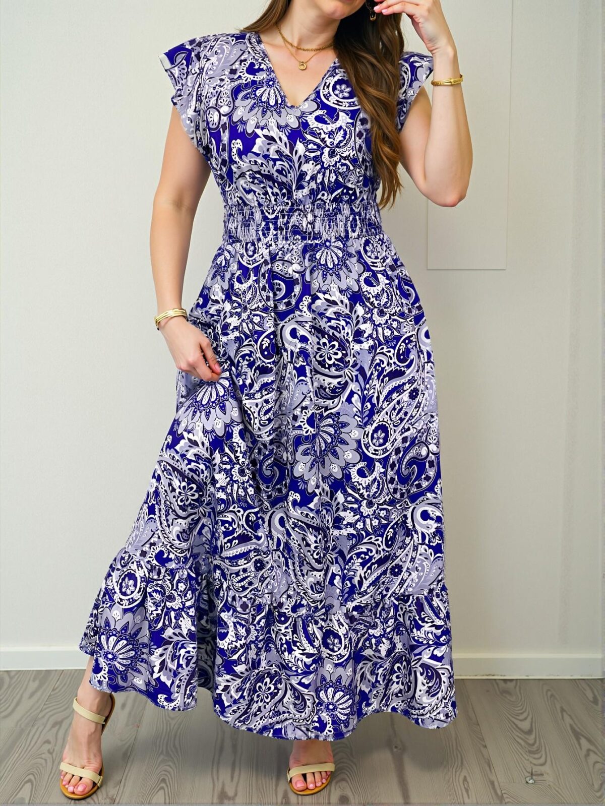 Elegant Blue Boho Paisley Print Maxi Dress for Vacation and Spring Festivals, Chic, Classy and Trendy Fashion Style to Dress to Impress - Image 3